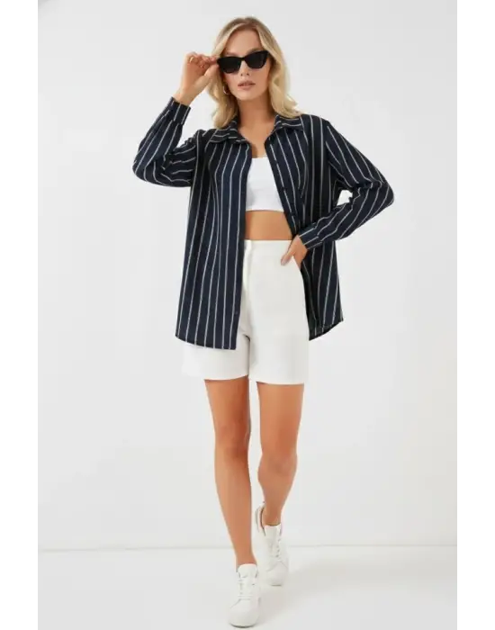 Çizgili Oversize Gömlek 20293 - Lacivert