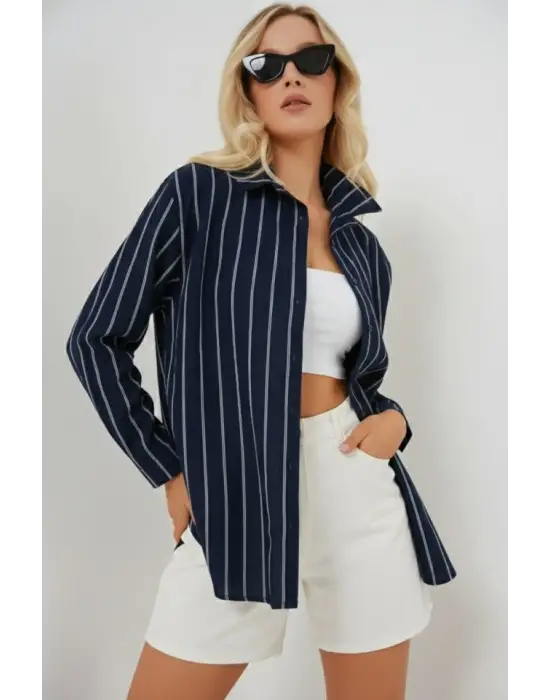 Çizgili Oversize Gömlek 20293 - Lacivert