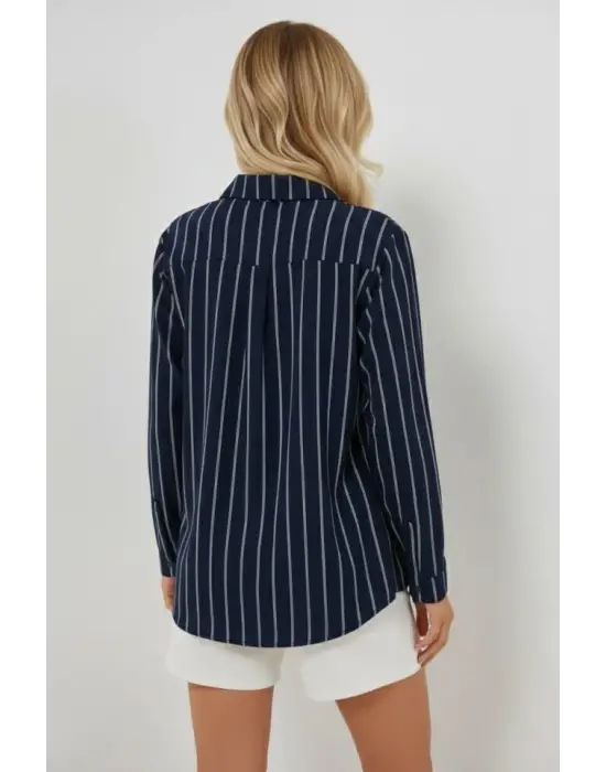 Çizgili Oversize Gömlek 20293 - Lacivert
