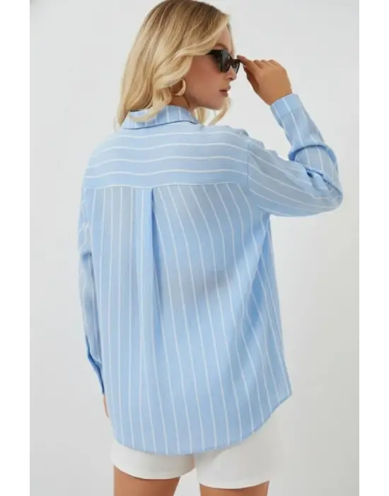Çizgili Oversize Gömlek 20293 - Mavi