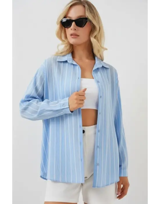 Çizgili Oversize Gömlek 20293 - Mavi