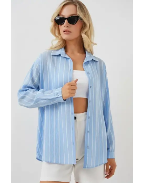Çizgili Oversize Gömlek 20293 - Mavi