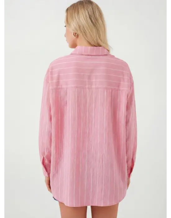 Çizgili Oversize Gömlek 20293 - Pembe