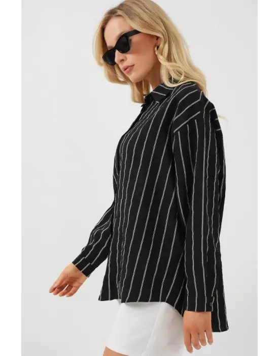 Çizgili Oversize Gömlek 20293 - Siyah