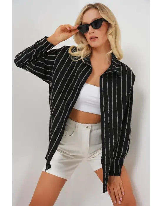 Çizgili Oversize Gömlek 20293 - Siyah
