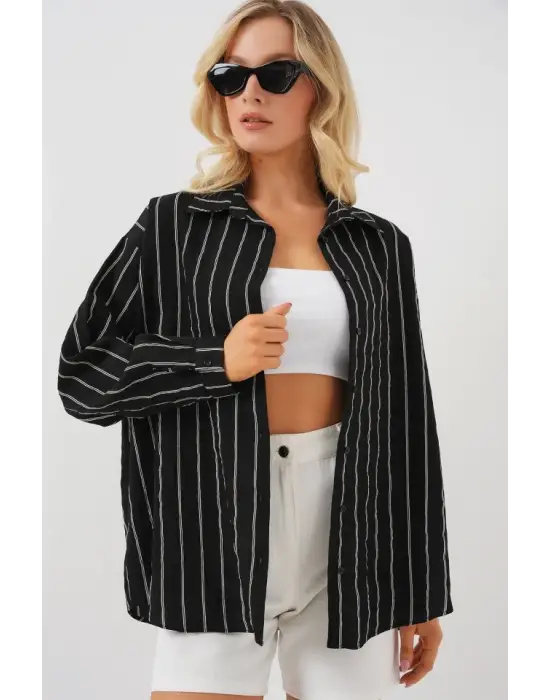 Çizgili Oversize Gömlek 20293 - Siyah