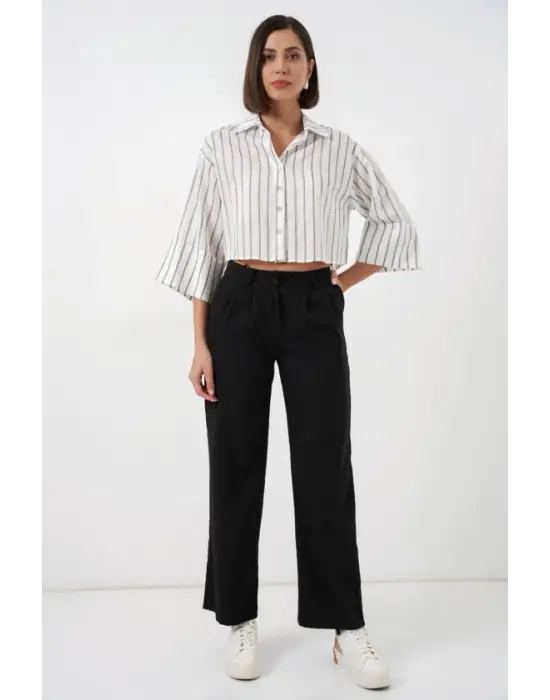 Çizgili Oversize Kısa Gömlek 20326 - B.Beyaz