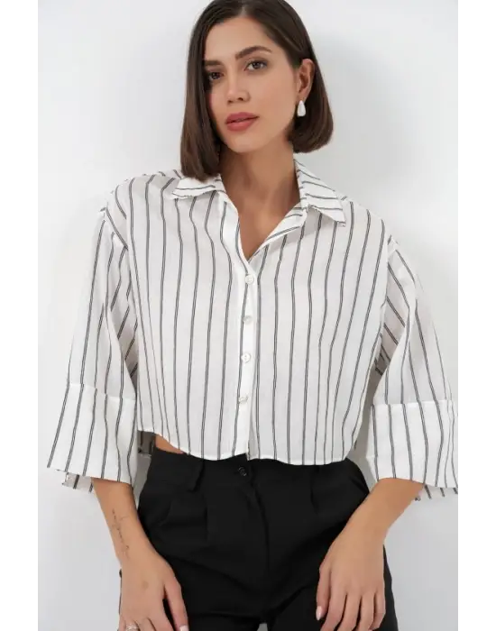 Çizgili Oversize Kısa Gömlek 20326 - B.Beyaz