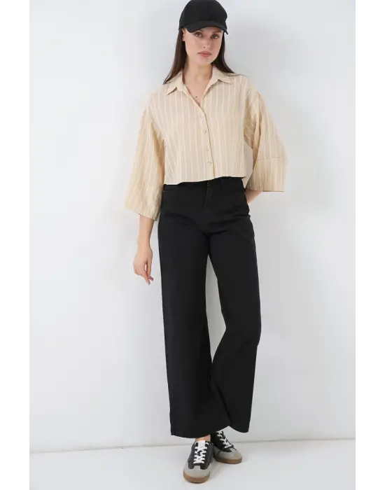 Çizgili Oversize Kısa Gömlek 20326 - Bej