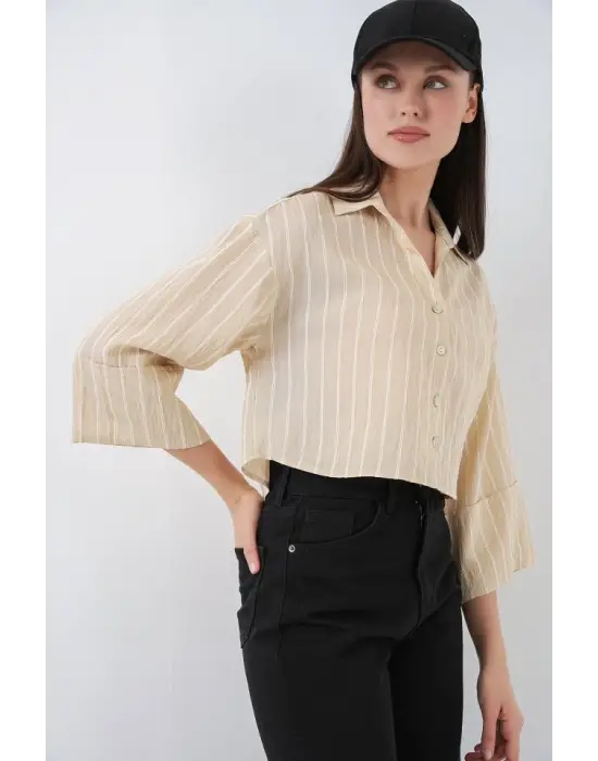 Çizgili Oversize Kısa Gömlek 20326 - Bej