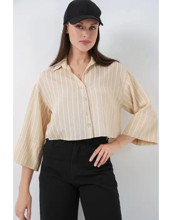 Çizgili Oversize Kısa Gömlek 20326 - Bej