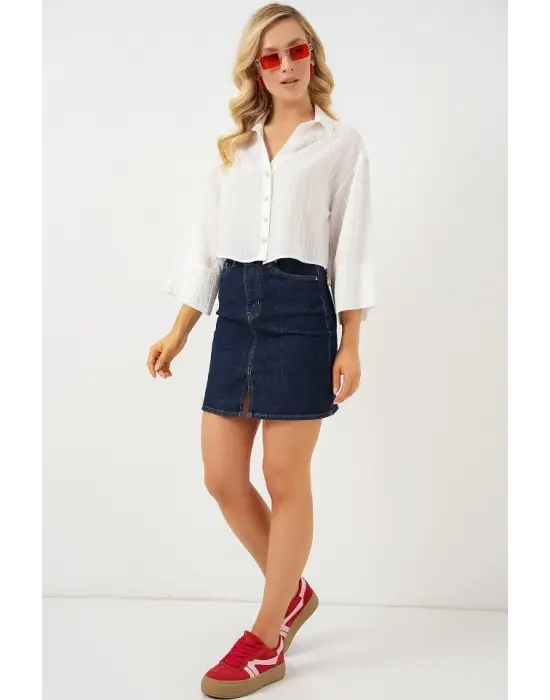 Çizgili Oversize Kısa Gömlek 20326 - Beyaz