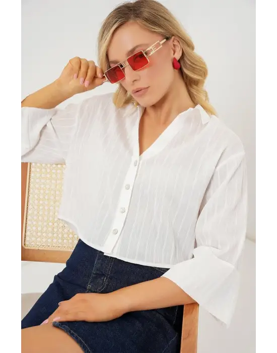 Çizgili Oversize Kısa Gömlek 20326 - Beyaz