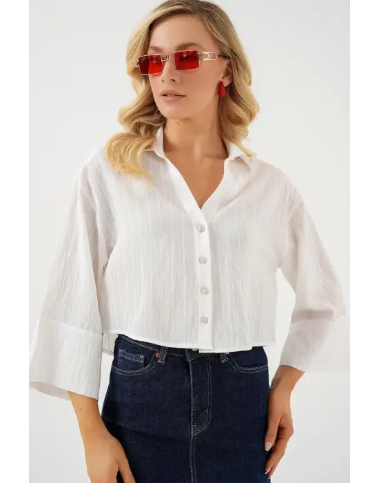Çizgili Oversize Kısa Gömlek 20326 - Beyaz