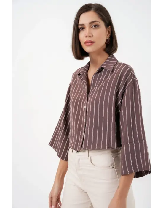 Çizgili Oversize Kısa Gömlek 20326 - Kahverengi