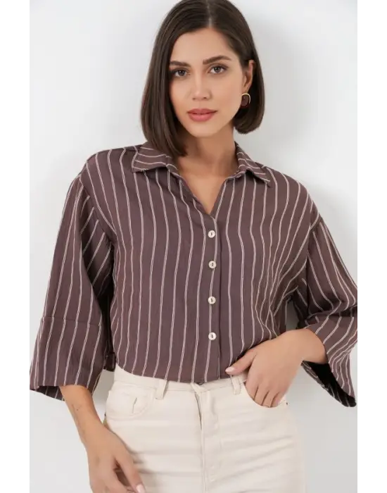 Çizgili Oversize Kısa Gömlek 20326 - Kahverengi