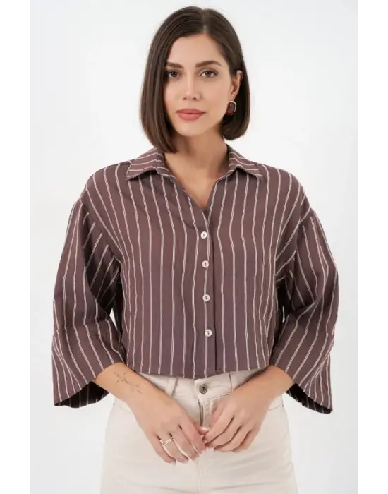 Çizgili Oversize Kısa Gömlek 20326 - Kahverengi