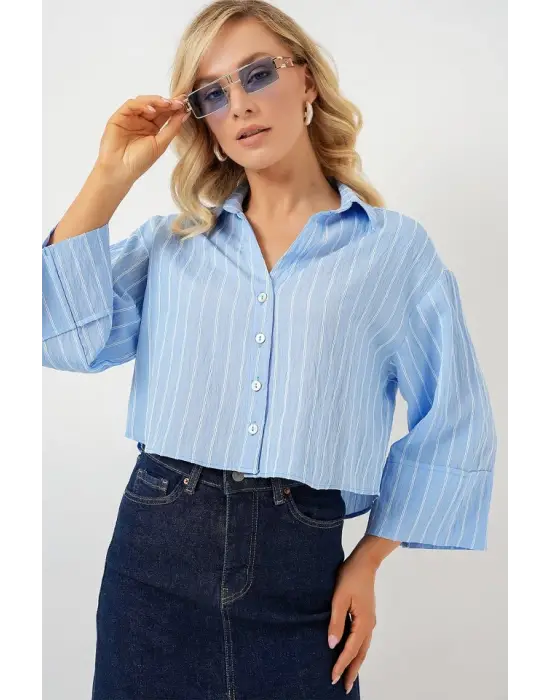 Çizgili Oversize Kısa Gömlek 20326 - Mavi