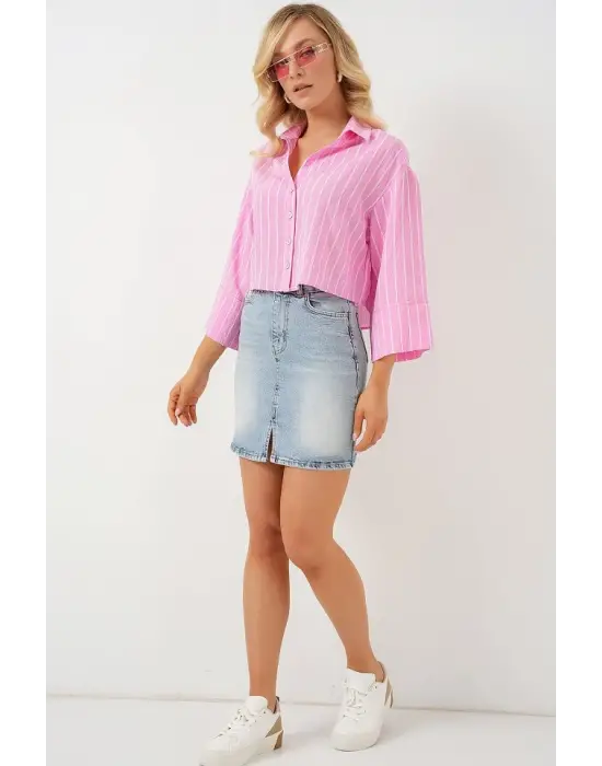 Çizgili Oversize Kısa Gömlek 20326 - Pembe