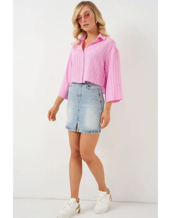 Çizgili Oversize Kısa Gömlek 20326 - Pembe