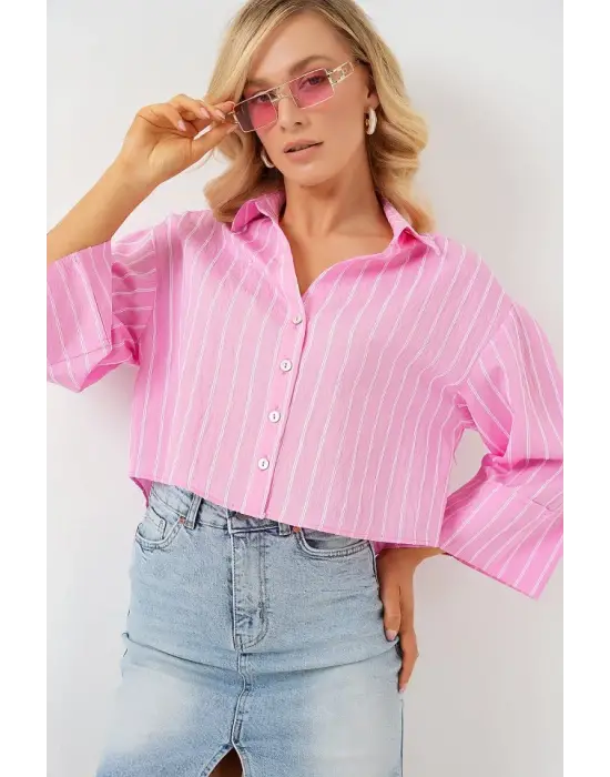 Çizgili Oversize Kısa Gömlek 20326 - Pembe