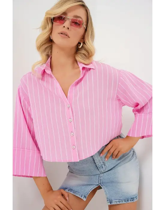 Çizgili Oversize Kısa Gömlek 20326 - Pembe