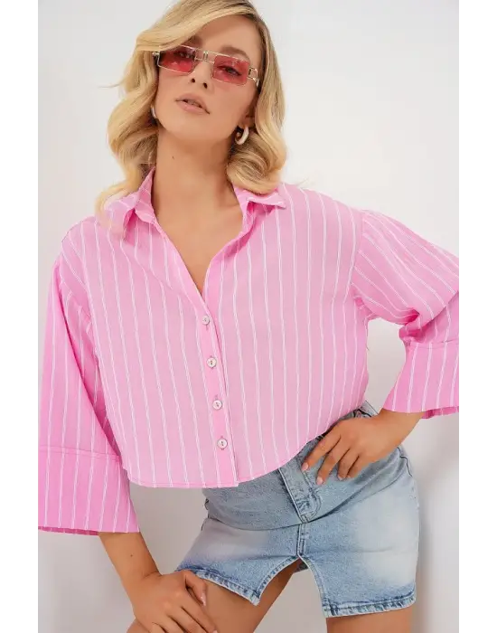 Çizgili Oversize Kısa Gömlek 20326 - Pembe