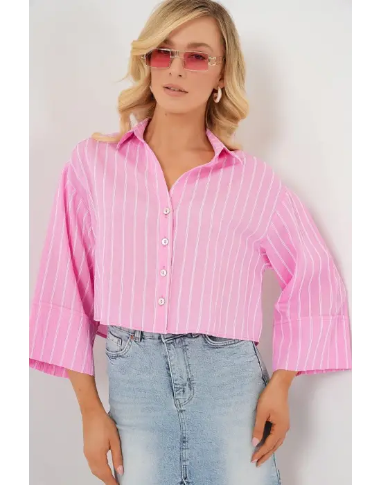 Çizgili Oversize Kısa Gömlek 20326 - Pembe