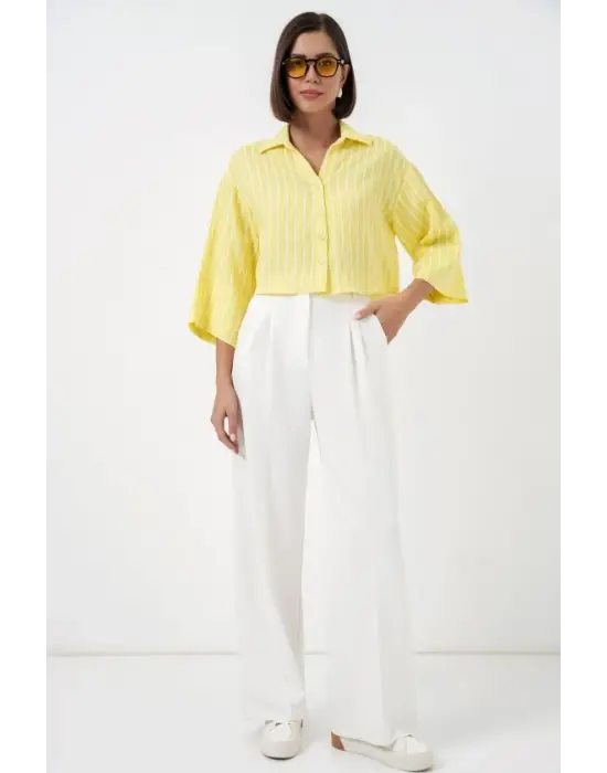 Çizgili Oversize Kısa Gömlek 20326 - Sarı