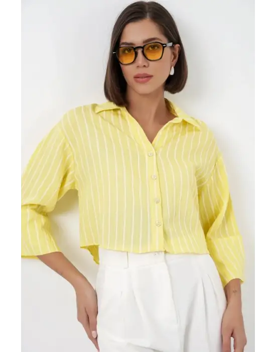 Çizgili Oversize Kısa Gömlek 20326 - Sarı