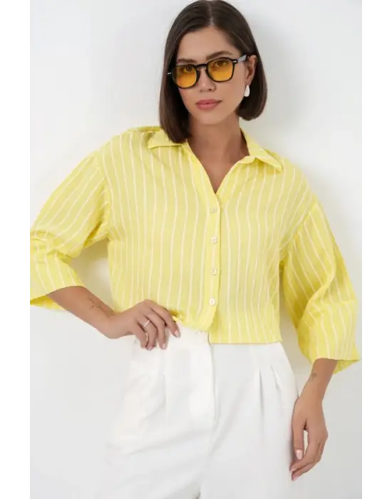 Çizgili Oversize Kısa Gömlek 20326 - Sarı