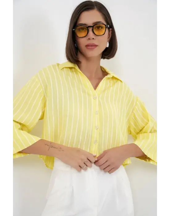 Çizgili Oversize Kısa Gömlek 20326 - Sarı