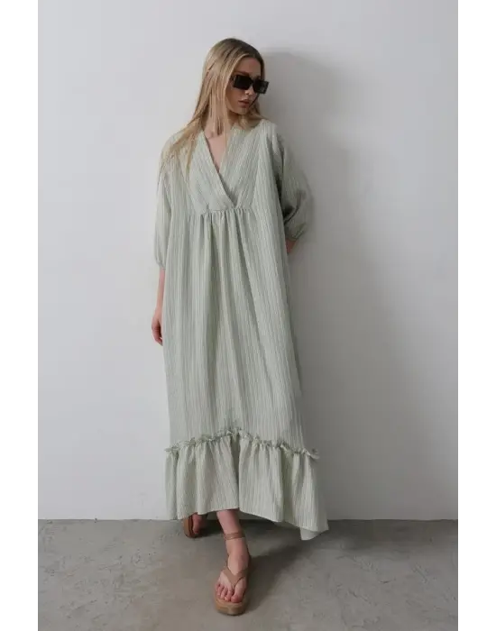 Çizgili Oversize V Yaka Elbise - Haki