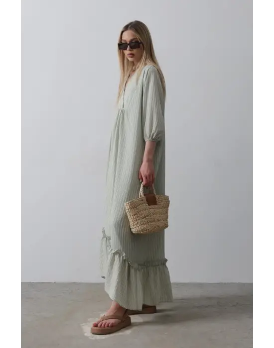 Çizgili Oversize V Yaka Elbise - Haki