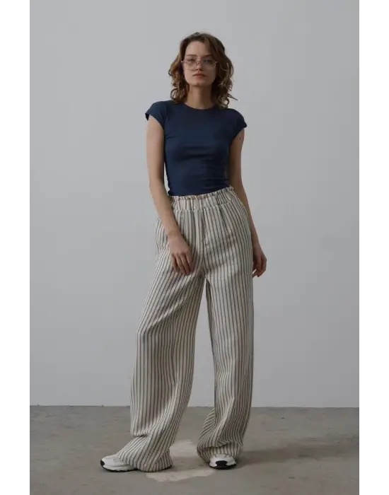 Omarı Çizgili Pamuklu Lastikli Pantolon - Trendy Yazlık Stil
