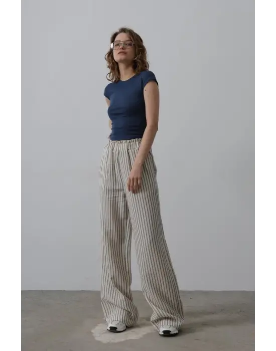 Omarı Çizgili Pamuklu Lastikli Pantolon - Trendy Yazlık Stil