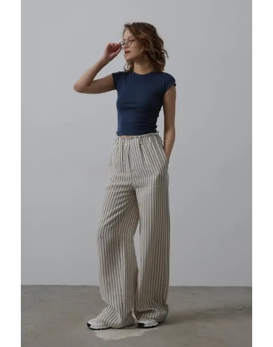 Omarı Çizgili Pamuklu Lastikli Pantolon - Trendy Yazlık Stil