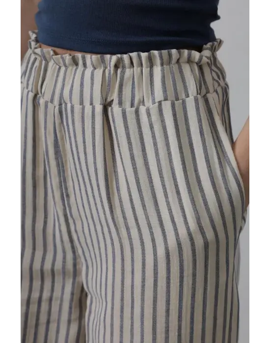 Omarı Çizgili Pamuklu Lastikli Pantolon - Trendy Yazlık Stil
