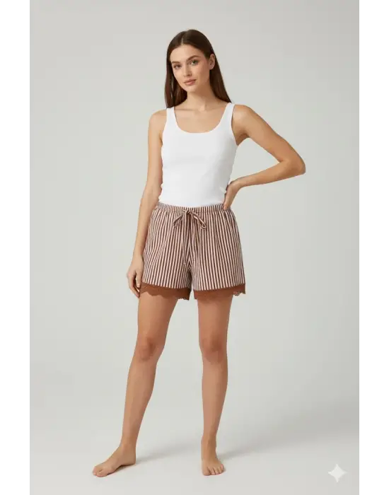 Çizgili Penye Kadın Ev Şortu Bacak Dantel Detaylı Ev Giyim Kahverengi