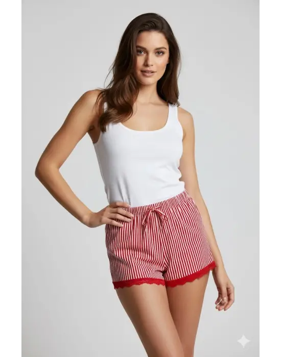 Çizgili Penye Kadın Ev Şortu Bacak Dantel Detaylı Ev Giyim Kırmızı