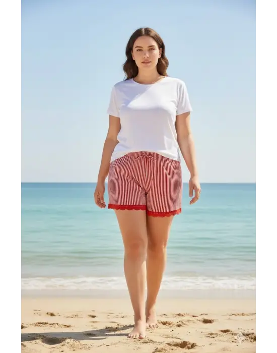 Çizgili Penye Kadın Ev Şortu Bacak Dantel Detaylı Ev Giyim Kırmızı