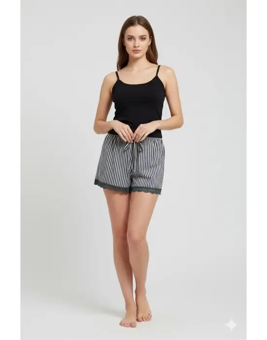 Çizgili Penye Kadın Ev Şortu Bacak Dantel Detaylı Ev Giyim Siyah
