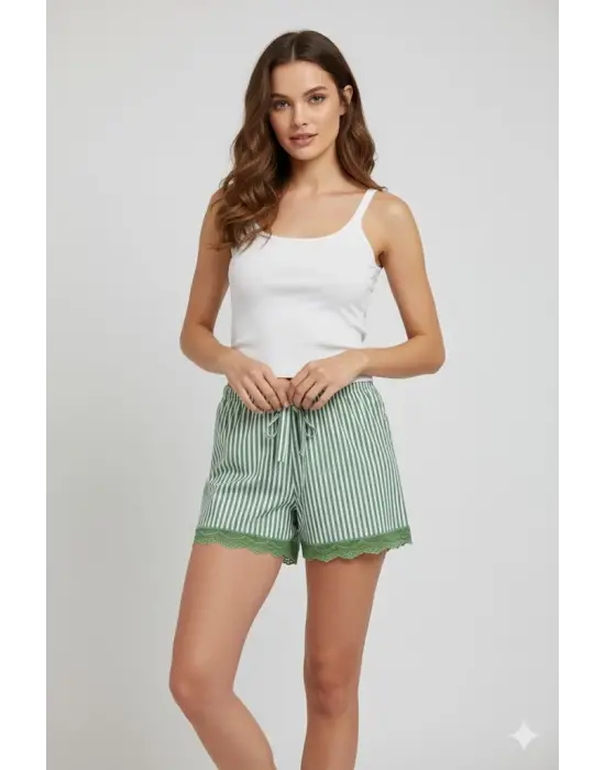 Çizgili Penye Kadın Ev Şortu Bacak Dantel Detaylı Ev Giyim Yeşil