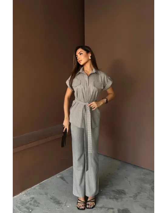ÇİZGİLİ POLYVİSKON BLUZ - PANTOLON TAKIM - Gri