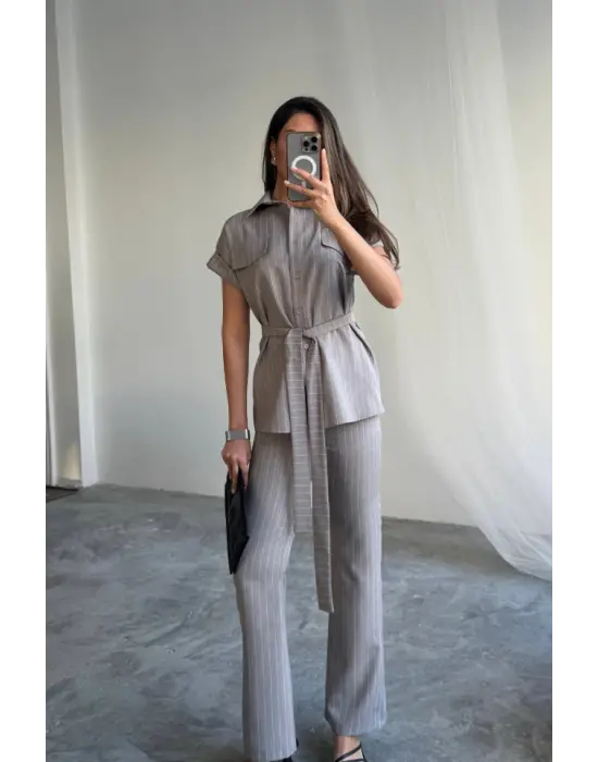 ÇİZGİLİ POLYVİSKON BLUZ - PANTOLON TAKIM - Gri