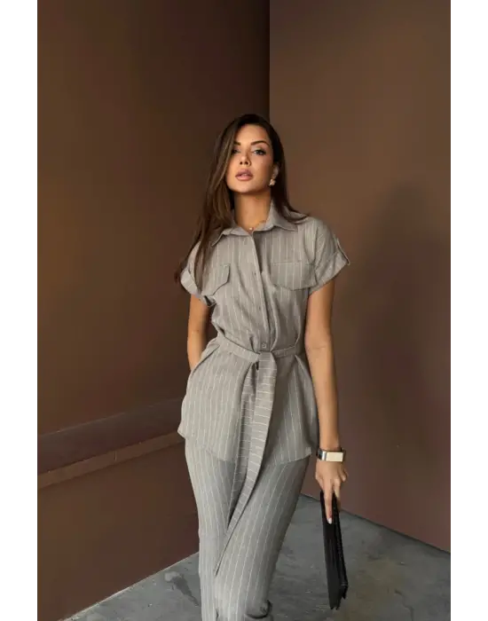 ÇİZGİLİ POLYVİSKON BLUZ - PANTOLON TAKIM - Gri