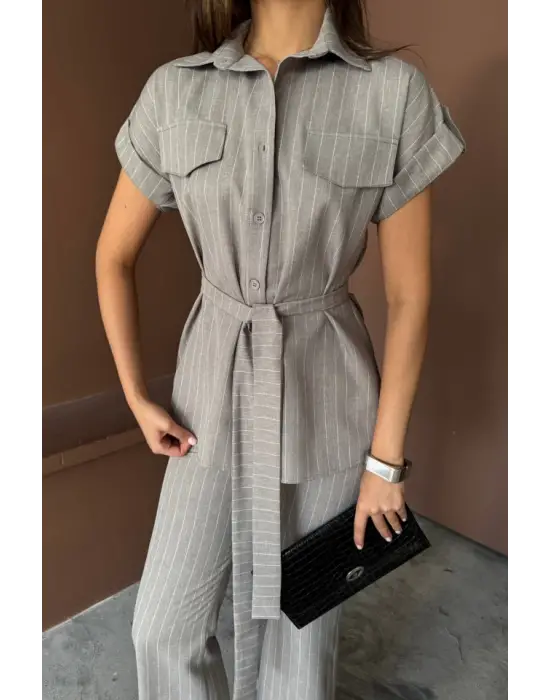 Omarı Çizgili Takım Gri Bluz Pantolon