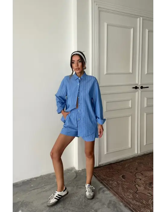 Omarı Çizgili Poplin Gömlek ve Şort Takımı - Mavi