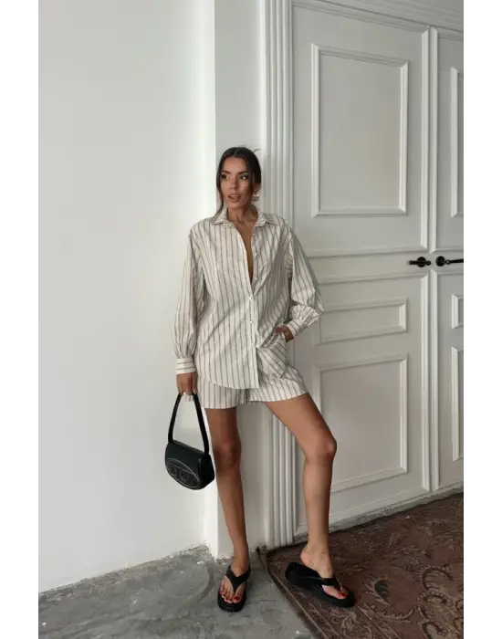 Omarı Çizgili Poplin Gömlek ve Şort Takımı - Bej