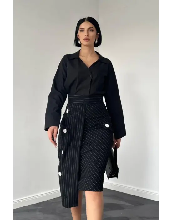 Omarı Siyah Çizgili Viskon Etek